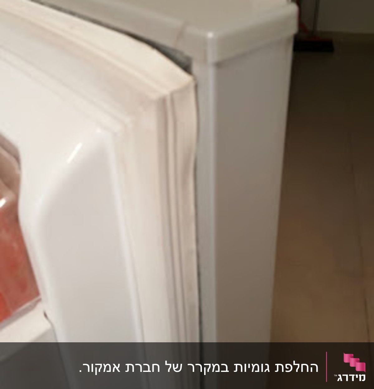 דלת מקרר פתוחה עם אטם גומי לבן